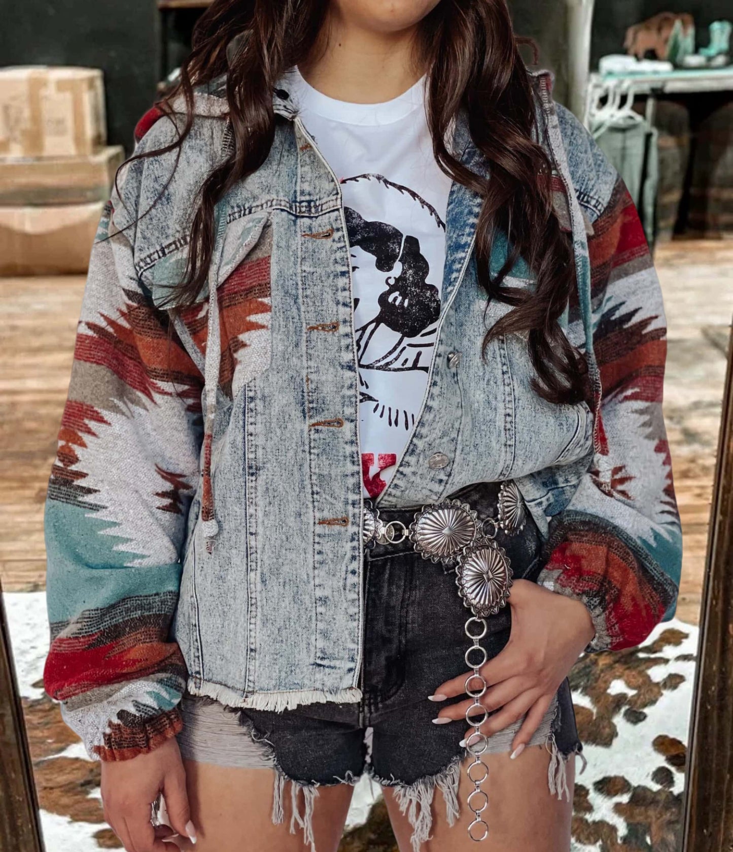 Women’s Tribal Aztec Print Denim Jacket With Hood