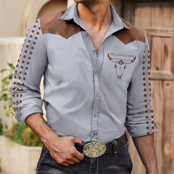 Men's Western Nomad Vintage Yellowstone Ethnic Geometric Print Long Sleeve Shirt