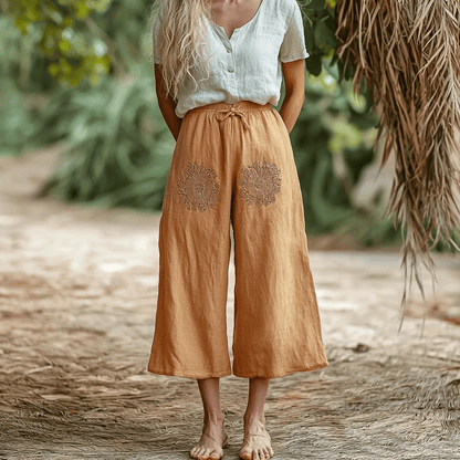 Women's Linen Ethnic Bohemian Floral Wide-leg Cropped Pants