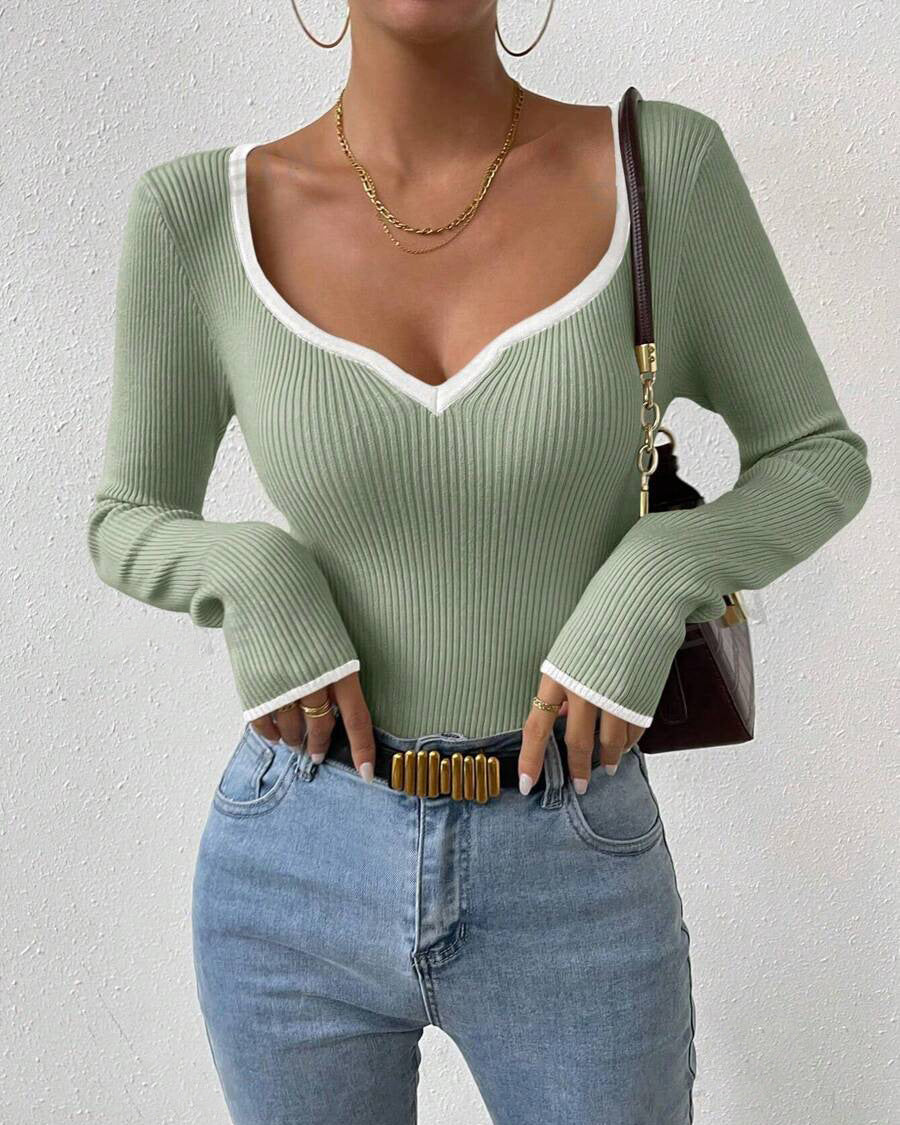 V-Neck Contrast Color Knitted Sweater Ribbed Top