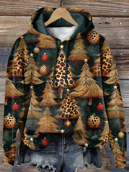 Vintage Decorated Leopard Christmas Tree Art Print Casual Hoodie Sweatshirt