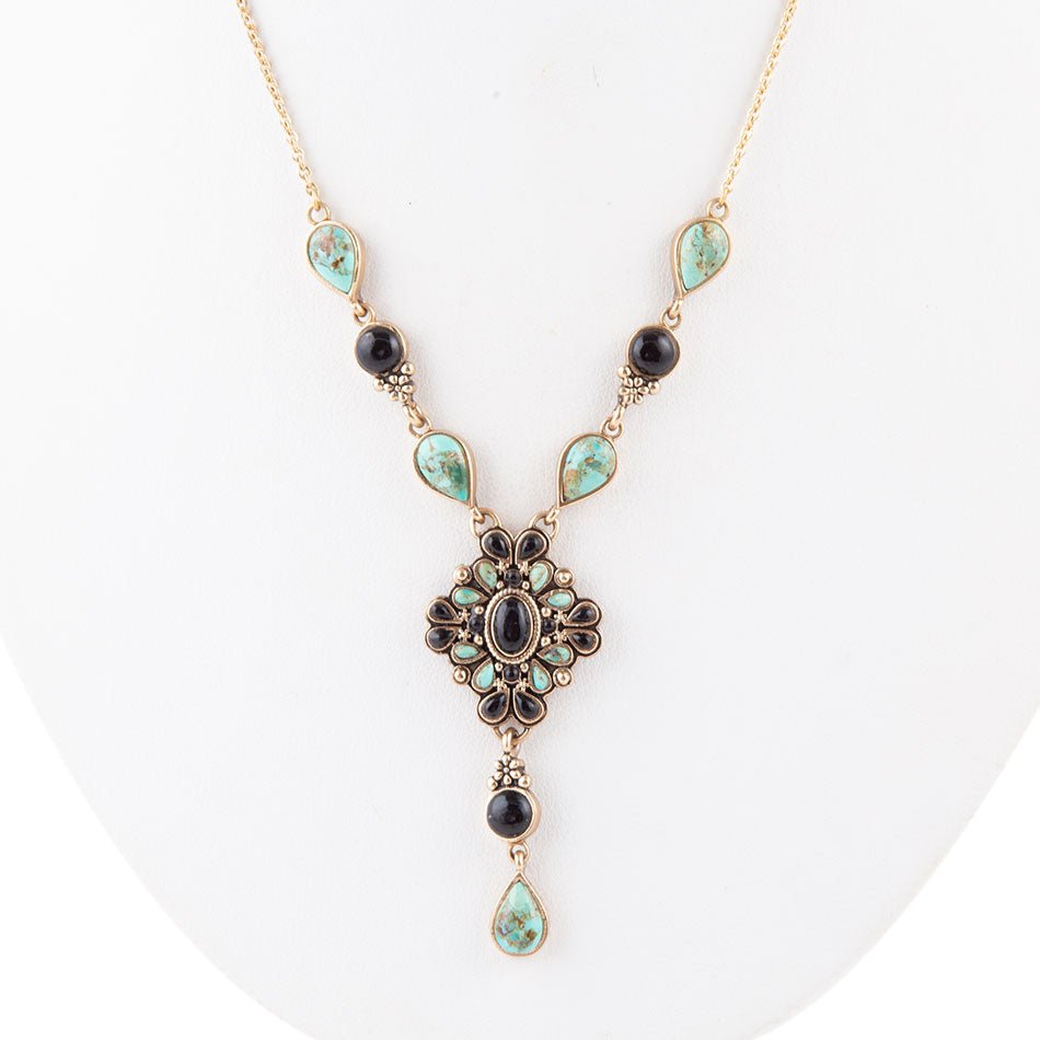 Barse Barcelona Black Onyx and Blue Turquoise Golden Y-Necklace