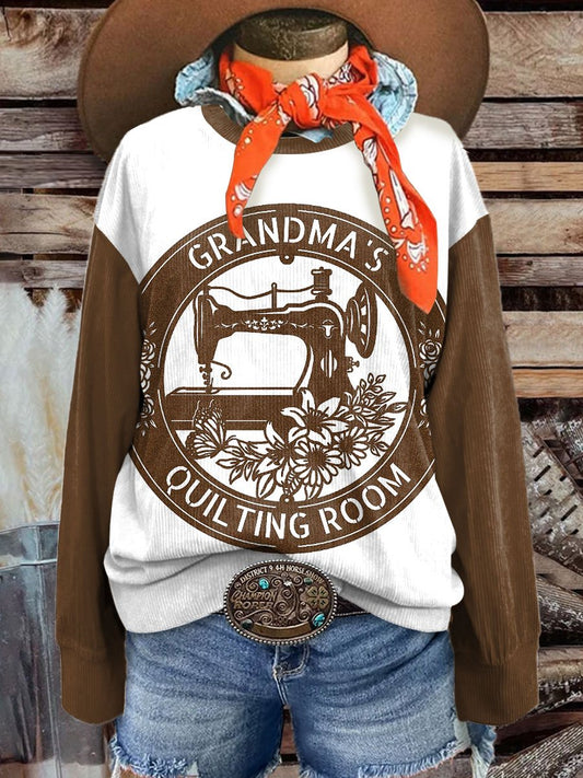 Women's Vintage Sewing Machine Art Casual Print Corduroy Sweatshirt