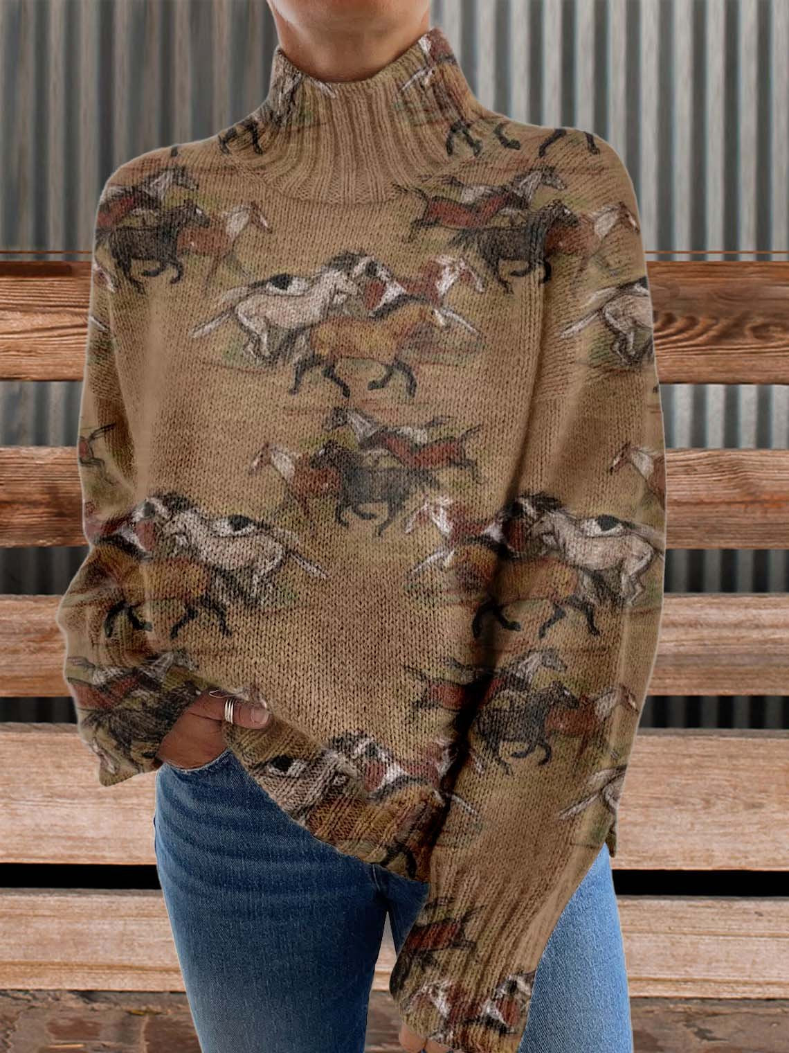 Horse Art Print Knit Turtleneck Pullover Sweater