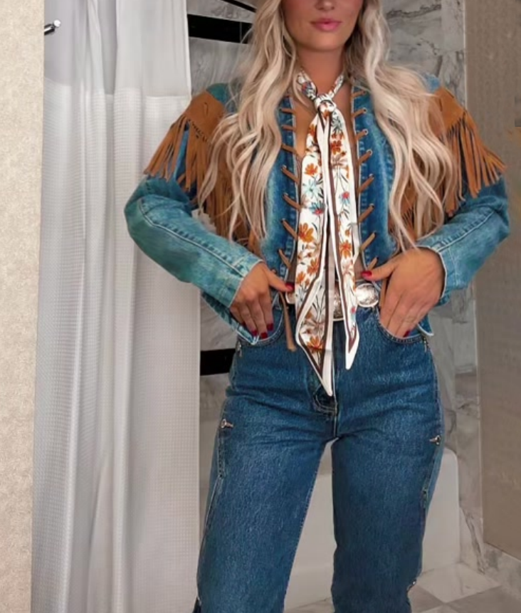 Western  lapel blazer fringed denim jacket