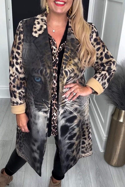 Women's Hooded Long-sleeved Tiger and Leopard Print Casual Jacket