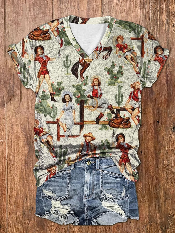 Women's Vintage Western Cowboy Print V-Neck T-Shirt