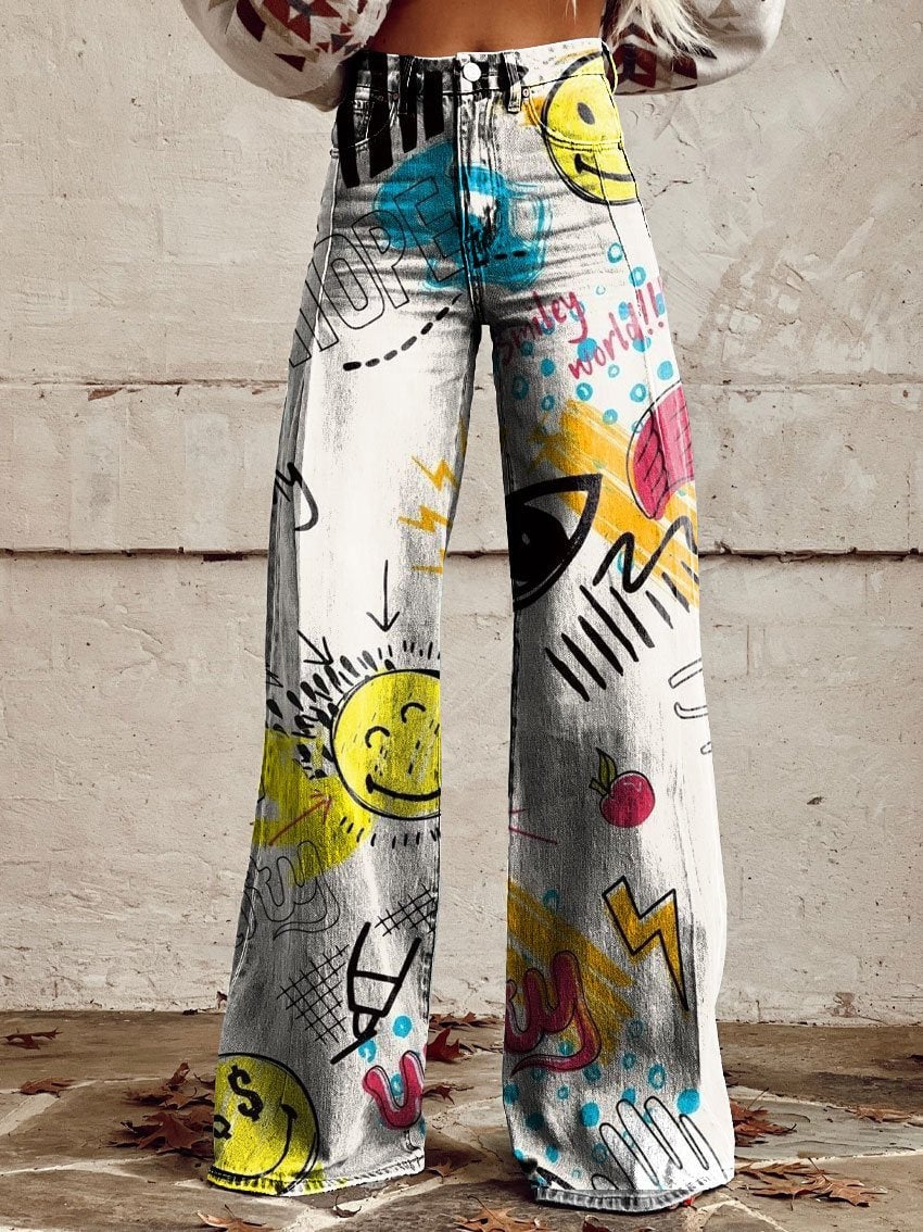 Women's Retro Pattern Print Casual Wide Leg Pants