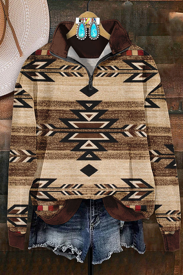 Retro Western Aztec Print Zip-Up Sweatshirt