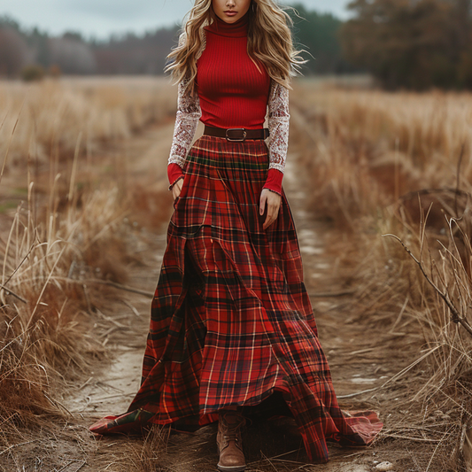 Women's Retro High Neck Long Sleeve Long Skirt Plaid Pastoral Style Dress