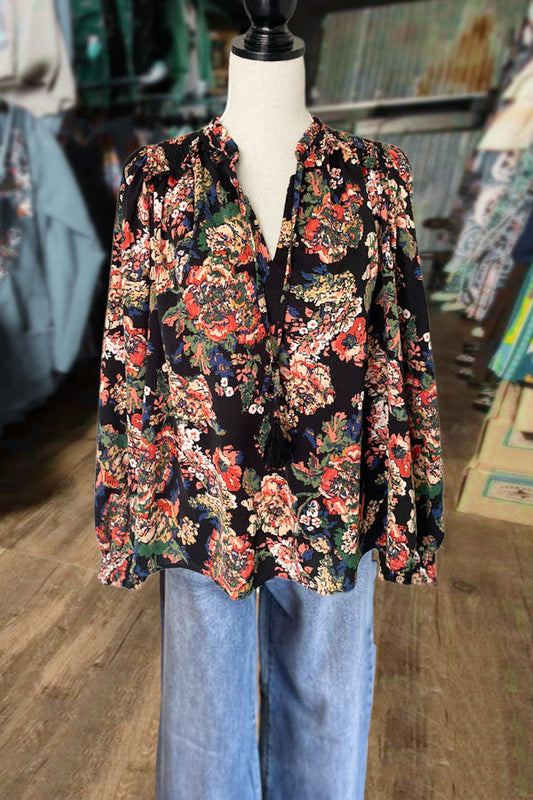 Mixed Floral Print Tie Neck Blouse