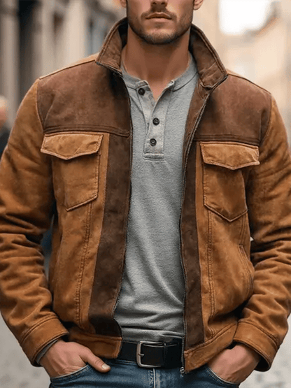 Men's Vintage Suede Multi-Pocket Stand Collar Outdoor Jacket