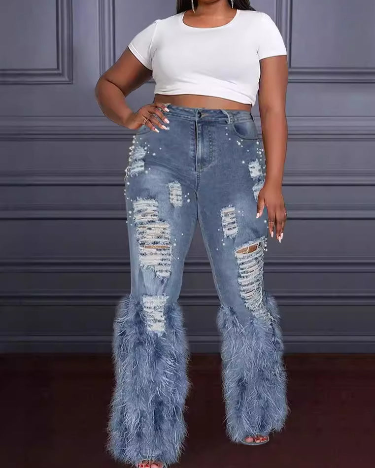 Faux Feather Distressed Beaded Stretch Jeans