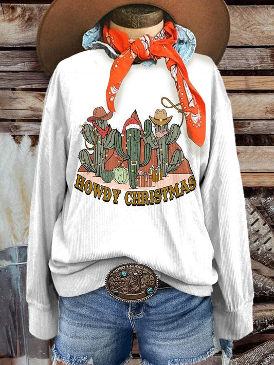 Women's Howdy Christmas Cactus Casual Print Corduroy Sweatshirt