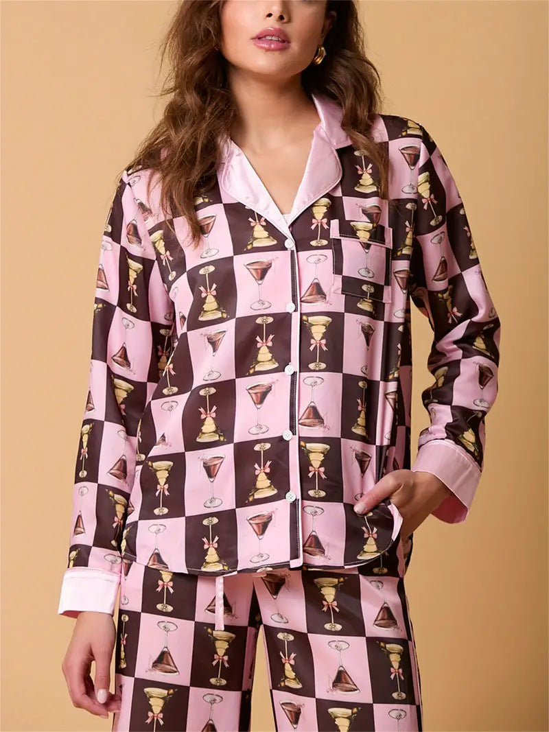 Plaid Wine Glass Print Pajama Set Long Sleeve Shirt