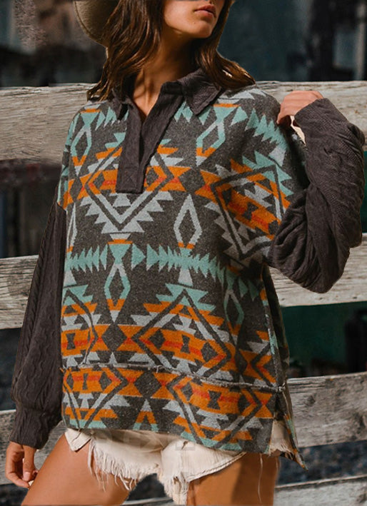 Charcoal Aztec Tribal Boho Pullover Long Sleeve Top