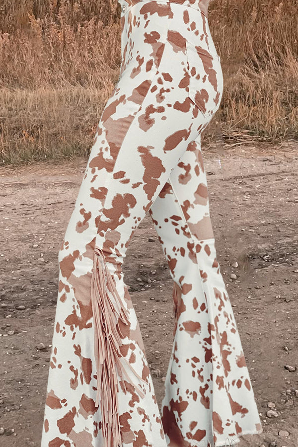 Cow Print Fringed Flared Pants