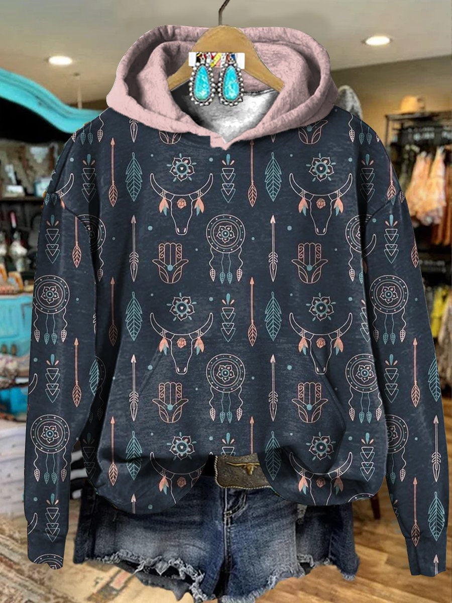 Navy Blue Vintage Ethnic Arrow Bull Head Dream Catcher Print Casual Hoodie Sweatshirt