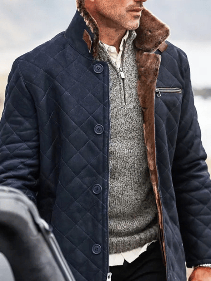 Men's Fashionable Open Pocket Button Design Quilting Imitation Leather Plush Warm Coat