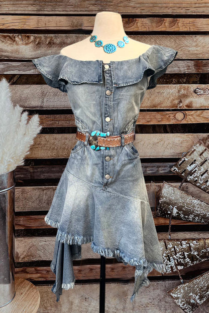 Off Shoulder Asymmetrical Denim Dress