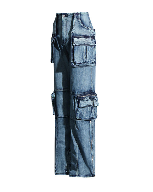 Straight Slim Denim Trousers With Sewn Large Pockets