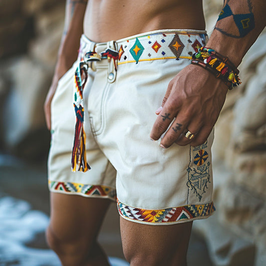 Retro Ethnic Casual Washed Cotton Stretch Shorts