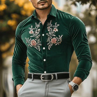 Men's Regular Fit Crushed Embroidery Emerald-green Velvet Shirt