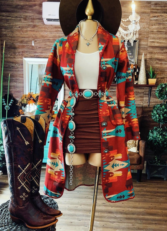 Retro Tribal Pattern Lapel Trench Coat