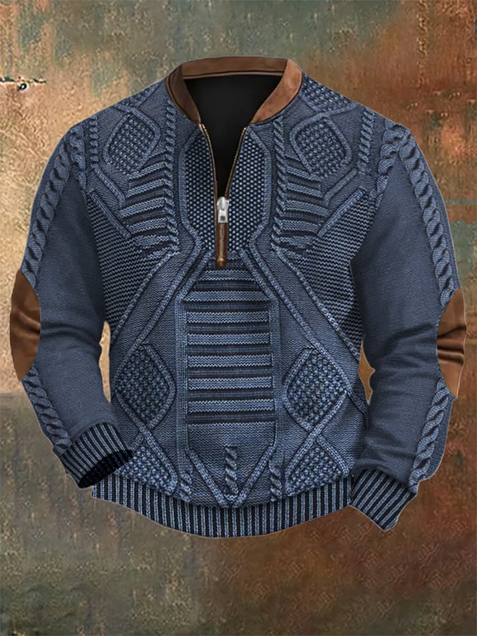 Men's Vintage Knit Print Zip-Up Sweatshirt