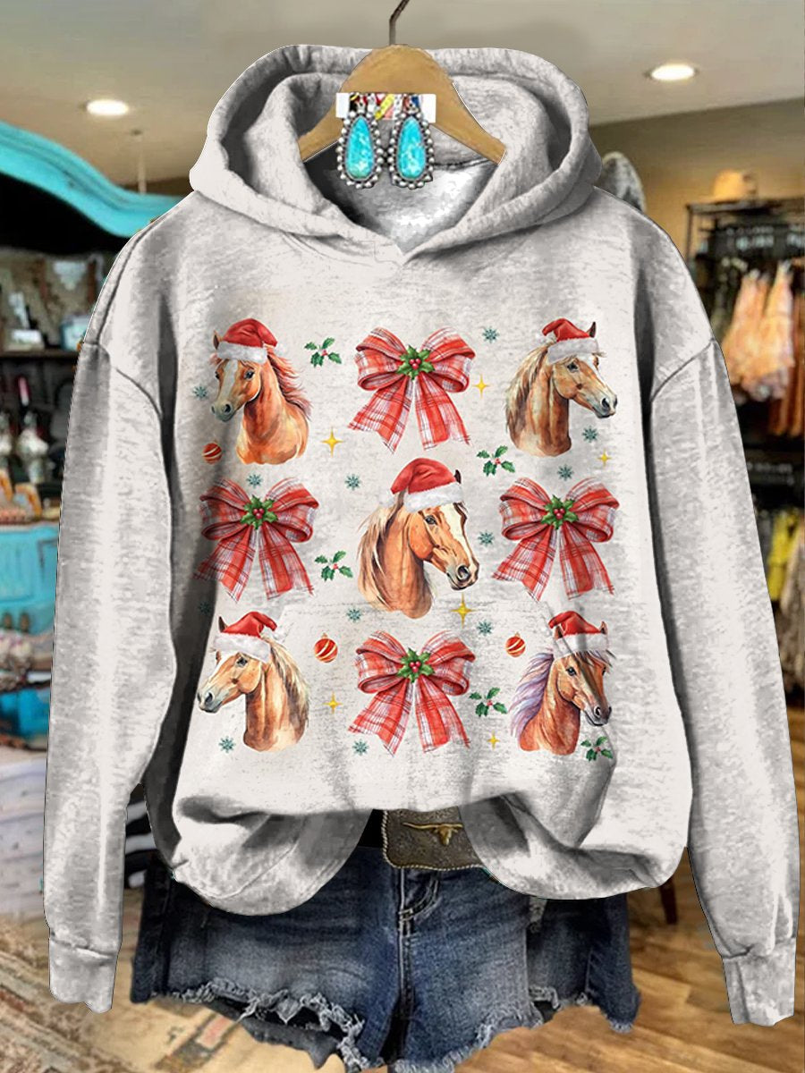 Beige Vintage Christmas Western Horse Print Casual Hoodie Sweatshirt