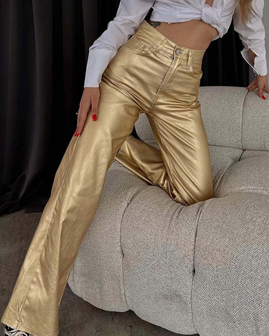 Women Vintage Straight-Leg Gold And Silver Pants