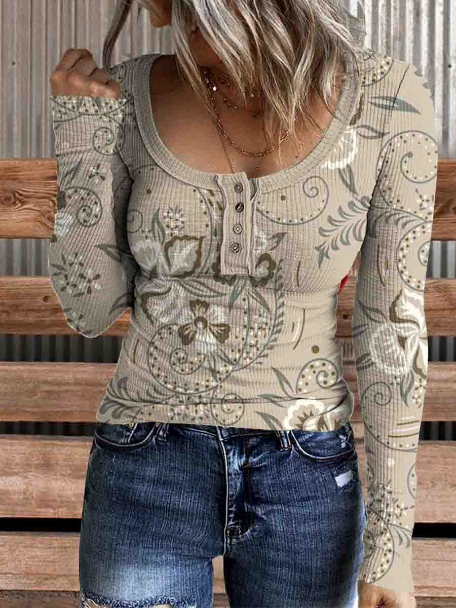 Women's Vintage Floral Print Comfortable Cotton Henley Shirt