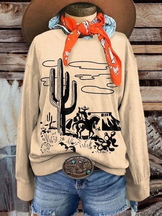 Women's Western Casual Print Corduroy Sweatshirt