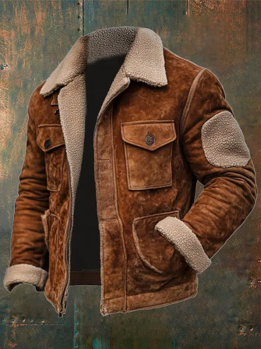 Men's Vintage Suede Patchwork Lamb Fleece Multi-Pocket Reverse Collar Outdoor Jacket