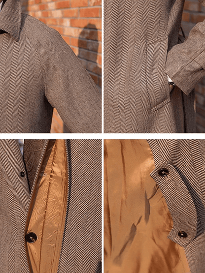 Men's Classic Herringbone Pattern Single-Breasted Open-Pocket Design Casual Woolen Coat (Belt Included)