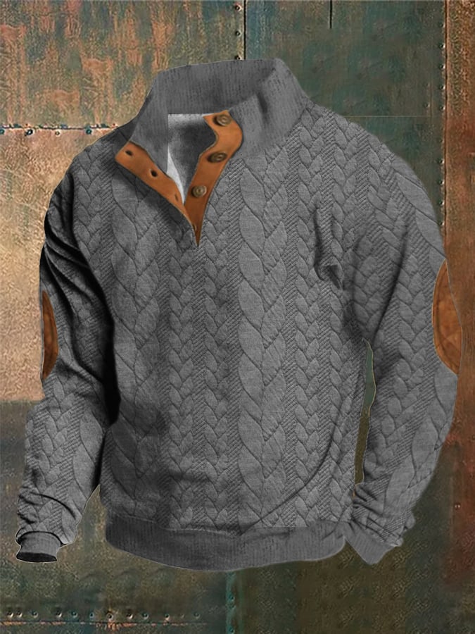 Men's Western Vintage Knitted Jacquard Print Stand Collar Button Sweatshirt