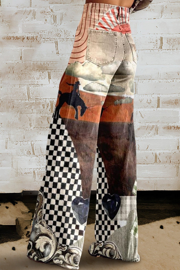 Women's Retro Cowboy Print  Wide Leg Pants