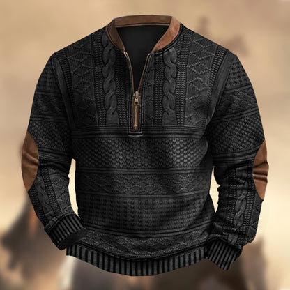 Men's Vintage Country Western Cashmere Wool Print Zipper Stand Collar Casual Sweatshirt