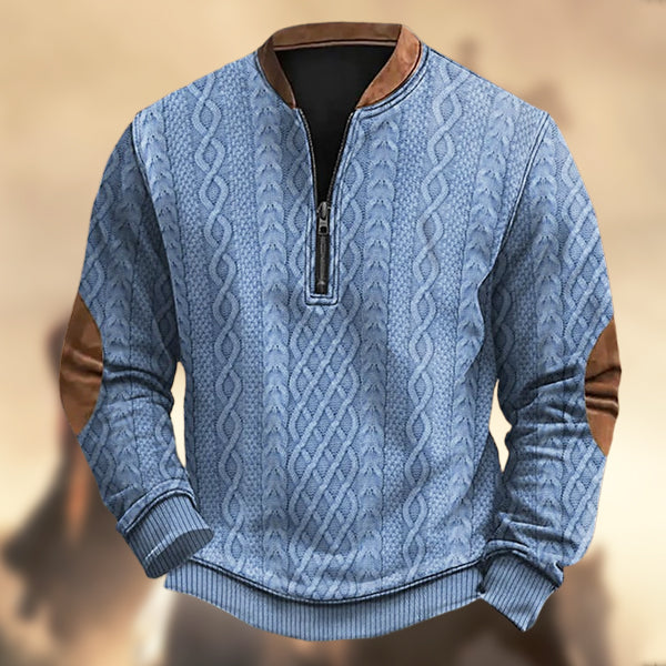 Men's Vintage Western Knit Print Zipper Stand Collar Casual Sweatshirt