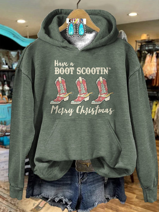 Green Vintage Have A Boot Scootin' Marry Christmas Print Casual Hoodie Sweatshirt