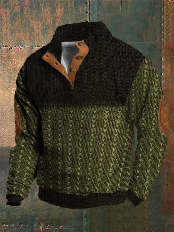 Men's Western Vintage Knitted Jacquard Print Stand Collar Button Sweatshirt