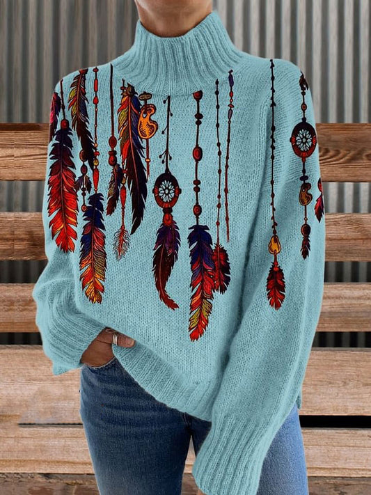 Blue Dream Catcher Feathers Print Knit Turtleneck Pullover Sweater