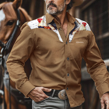 Men's Vintage Western Nomad Cock Rodeo Print Long Sleeve Shirt