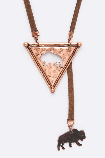 Cutout Bison Buffalo Western Long Pendant Necklace Set