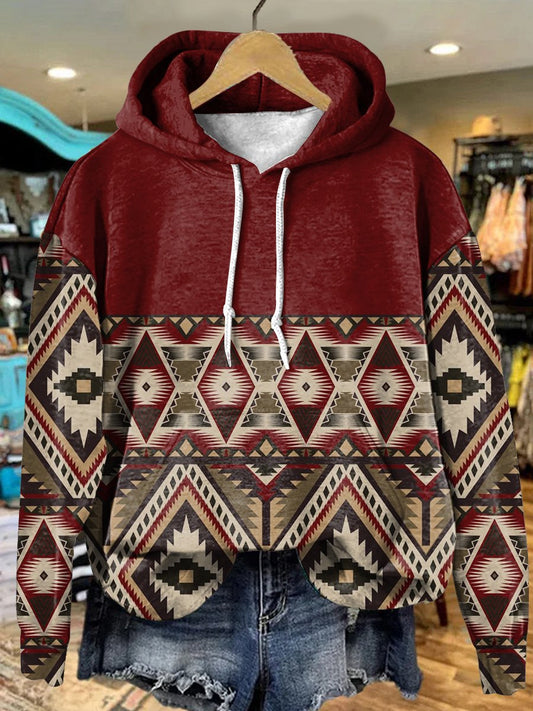 Vintage Crimson Aztec Art Print Casual Hoodie Sweatshirt