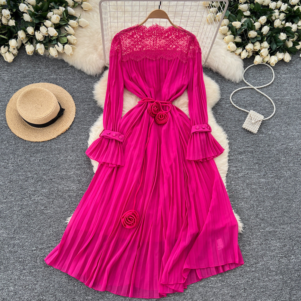 Elegant Tied Waist Lace Patchwork Flared Sleeve Pleated Long Dress