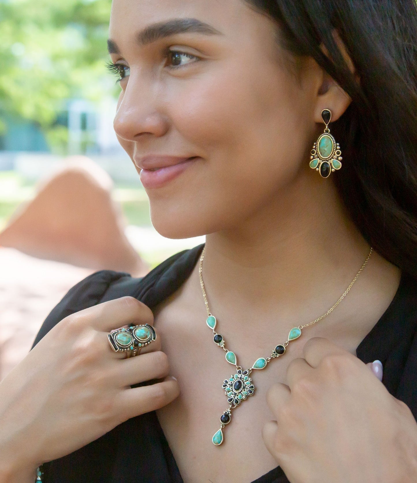 Barse Barcelona Black Onyx and Blue Turquoise Golden Y-Necklace