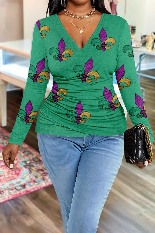 Shiny Mardi Gras Print Slim Fit Blouse