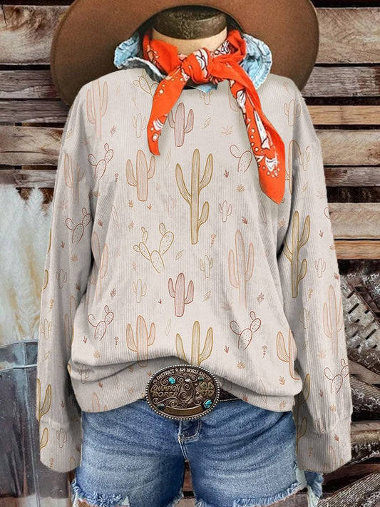 Women's Beige Western Cactus Casual Print Corduroy Sweatshirt