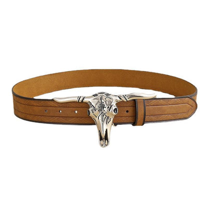 Mens Vintage Western Longhorn Metal Buckle Jeans Belt